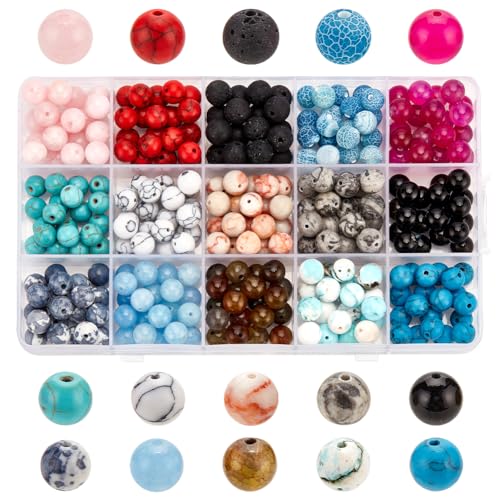 PH PandaHall 15 Farben 8mm Natursteinperlen Set 300 Stück runde synthetische Edelsteinperlen als Zwischenperlen lose Perlen für Armbänder, Halsketten, Ohrringe und Handwerk von PH PandaHall