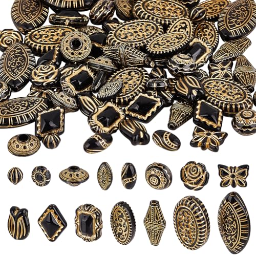 PH PandaHall 15 Stile Schwarz Plating Acryl Perlen, 90pcs Metall Enlaced Armband Perlen 10~18mm Lose Abstandshalter Perlen Blume Oval Perlen für Armbänder Schmuckherstellung von PH PandaHall