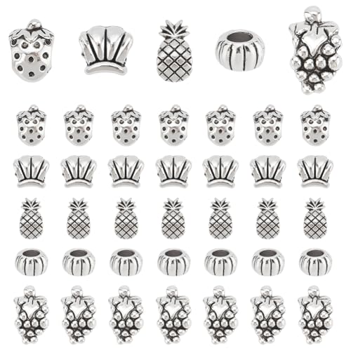 PH PandaHall 150pcs Antikes Silber Obst Perlen 5 Styles Tibetan Styles Perlen Ananas Abstandshalter Perlen Erdbeere lose Perlen Rondelle Europäische Perlen mit 4-5mm Loch für Schmuckherstellung von PH PandaHall