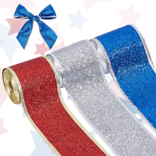 PH PandaHall 15m Ribbon Wired 6.5cm Glitter Patriotisches Band Unabhängigkeitstag Bänder Rotes Dekorationsband Blaues Band Verdrahtetes Geschenkband für Geschenkverpackungen Kunsthandwerk von PH PandaHall