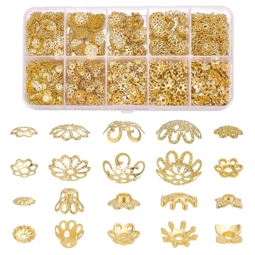 PH PandaHall 1600 Stück Goldene Perlenkappen 10 Modelle Blumenperlen-Zwischenstücke Filigrane Blumenkappen Metall-Zwischenperlen Blumen-Endkappen für Armbänder Halsketten Ohrringe DIY-Bastelbedarf PH PandaHall 1600 Stück Goldene Perlenkappen 10 Modelle Blumenperlen-Zwischenstücke Filigrane Blumenkappen Metall-Zwischenperlen Blumen-Endkappen für Armbänder Halsketten Ohrringe DIY-Bastelbedarf von PH PandaHall