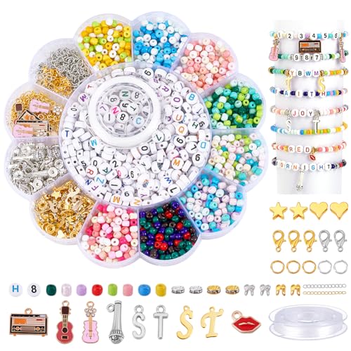 PH PandaHall 1800pcs 32 Stile Freundschaftsarmband Kit Glas Rocailles T.S Buchstabenperlen Sortierte Perlen Anhänger Set für handgefertigte Armbänder Schmuckherstellung DIY Handwerk mit Verschlüssen von PH PandaHall