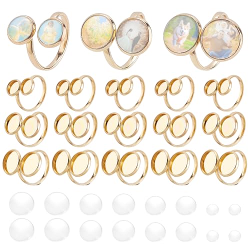 PH PandaHall 18K Gold plattiert Ring Rohlinge 18pcs 3 Größen Ring Bases Offene Manschette Blank Ringe 304 Edelstahl flache runde Ring Lünette Tabletts mit 36pcs Glas Cabochons für Schmuckherstellung von PH PandaHall