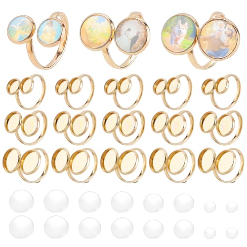 PH PandaHall 18K Gold plattiert Ring Rohlinge 18pcs 3 Größen Ring Bases Offene Manschette Blank Ringe 304 Edelstahl flache runde Ring Lünette Tabletts mit 36pcs Glas Cabochons für Schmuckherstellung von PH PandaHall