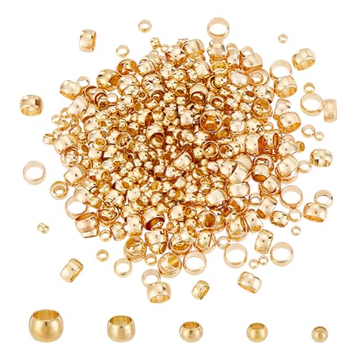 PH PandaHall 18K Vergoldete Messingröhren Quetschperlen 500 Stück 5 Größen Rondell Abstandsperlen Für Selbstgemachte Halsketten Und Armbänder 2mm 2.5mm 3mm 4mm 5mm 1~4mm Loch von PH PandaHall