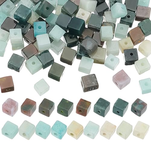 PH PandaHall 2 Styles Naturstein Perlen 85pcs Würfel Achat Perlen Amazonit Perlen Stränge Semi-Edelstein-Perlen Crystals Perlen Quadratische Abstandshalter Perlen für DIY Armband Halskette, 4-5mm von PH PandaHall