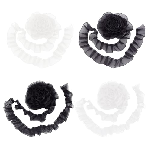 PH PandaHall 2 Styles Spitze Trim 2-Schicht plissiert Band Weißes Kräuselband Schwarz Organza Trim Chiffon-Spitzenborte für DIY Nähen Kleidung Kopfkissenbezug Hochzeit Dekorationen 7,3 m von PH PandaHall