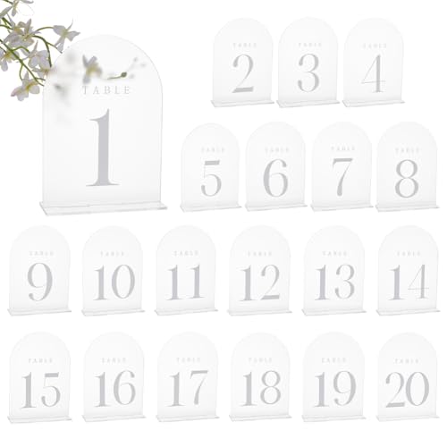 PH PandaHall 20 Sets gefrostete Tischnummern, Hochzeit Tischnummern Schilder Acryl-Tischnummern 1-20 Bogen Acryl Schild mit Ständer für Hochzeit Empfang Event Party Restaurant Klar 18x12.7 cm von PH PandaHall