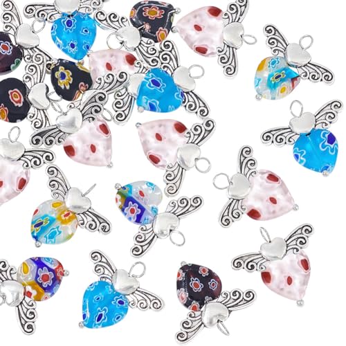 PH PandaHall 20 Stück Engelsflügel-Perlen Bunte Millefiori-Lampwork-Anhänger Mit Antiksilbernen Flügel-Charms Engel-Fee-Flügel-Perlen Für Selbstgemachte Halsketten Armbänder Schmuck Schlüsselanhänger von PH PandaHall