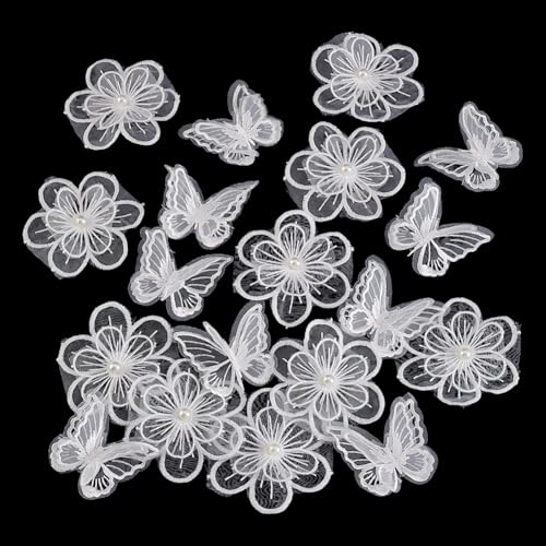 PH PandaHall 20 Stück Weiße Schmetterlings Spitzen Blumen Applikation Doppellagiger Organza Schmetterlings Spitzenstoff Nähspitze Für DIY Hochzeitskleid Haare Hüte von PH PandaHall