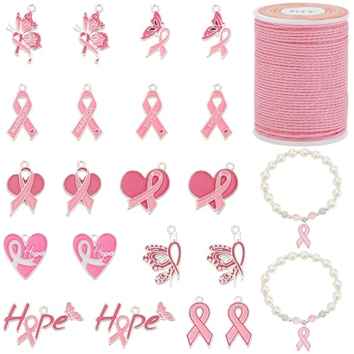 PH PandaHall 20Stück Brustkrebs-Bewusstsein Charms Rosa Schleife Anhänger Emaille Herz Awareness Charms Schmetterling Hoffnung Anhänger mit Cord für Armband Halskette Schmuck machen von PH PandaHall