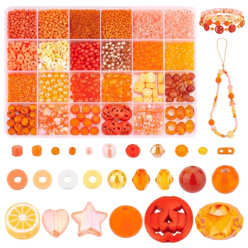 PH PandaHall 24 Styles Halloween Perlen Set Orangerote Herbstperlen Kürbis Herz Glasperlen Für Halloween Erntedankfest Ohrringe Halskette DIY Handwerk von PH PandaHall