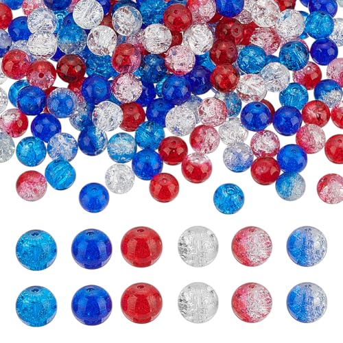 PH PandaHall 240 Stück 10mm Rot Weiß Blau Perlen für Armband, 6 Styles Kristall Glasperlen Crackle Lose Perlen Patriotische Perlen Kristallperlen für Schmuckherstellung, Armbänder und Halsketten von PH PandaHall