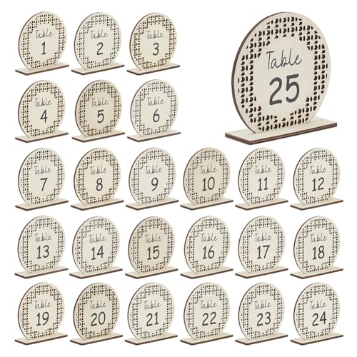 PH PandaHall 25 Sätze Tischnummern, Tischnummern Schilder 1-25 Hochzeit Zahlen Set Einseitiges Rattan Rundes Holznummernschild mit Sockel für Hochzeitsempfang Geburtstag, 10.5x10.7 cm von PH PandaHall