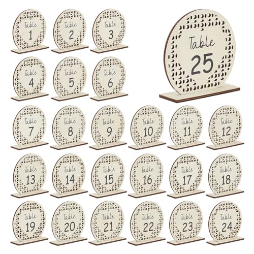 PH PandaHall 25 Sets Tischnummernschilder, Tischnummern 1-25 Hochzeit Zahlen Set Einseitiges hölzernes Nummernschild mit Sockel für Hochzeitsempfang Geburtstag, Rattan Herz 10.5x10.7 cm von PH PandaHall