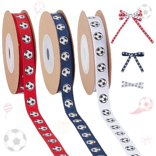 PH PandaHall 27.4m 1cm Fußball Bänder 3 Farben Grosgrain Bänder Sport Thematische Bänder für Geschenkverpackungen, Mannschaftsbänder, Haarschleifen, Kunsthandwerk, Partydekoration (weiß, rot, blau) von PH PandaHall