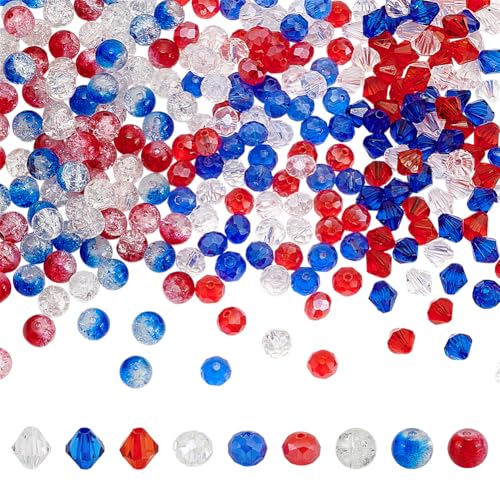 PH PandaHall 270pcs 8mm rot weiß blau Perlen für Armband 9 Styles Glas Crackle Perlen Bicone Rondelle Facettierte Perlen 4. Juli patriotische Perlen für Armband Halskette Schmuckherstellung von PH PandaHall