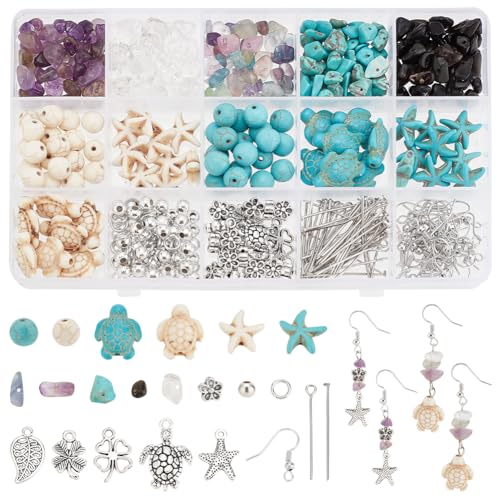 PH PandaHall 278pcs Türkis Schildkröte Perlen Ozean Charms Schmuckherstellung Kit 50g Edelstein-Chip-Perlen Seestern Muschel Perlen Anhänger für Strand Halskette Armband Fußkettchen machen von PH PandaHall