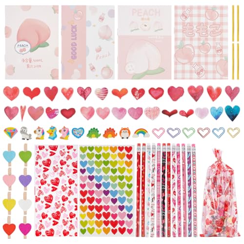 PH PandaHall 28 Sets Schulbedarfsartikel Set Valentines Theme Schreibwaren Set Assorted mit Bleistiften Notizbüchern Clips und Leckerli-Taschen zur Schule Geschenk für Klassenkameraden von PH PandaHall