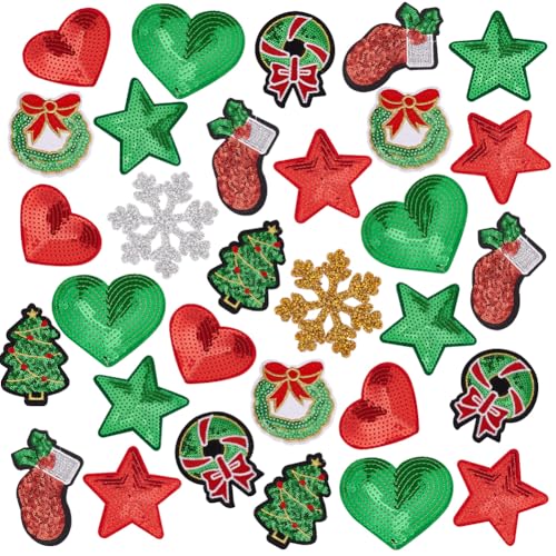 PH PandaHall 30 Stück Weihnachts Aufbügler Glitzernde Pailletten Strass Aufnäher Weihnachts Patches Dekorativ Bestickt Für Heimwerker Bastelarbeiten Kleidung von PH PandaHall