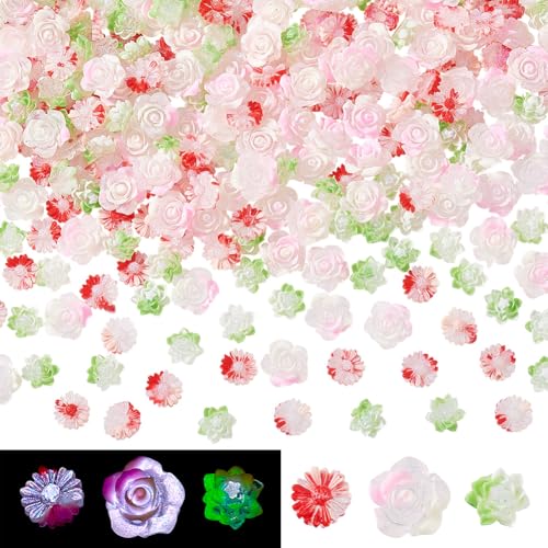 PH PandaHall 300 Stück 3 Stile Blumenperlen Nachtleuchtende Rosenperlen Leuchtende Blumen-Cabochons für Armbänder, Schmuckherstellung, Harz-Perlen mit flacher Rückseite, für Haarspangen, Halloween, von PH PandaHall