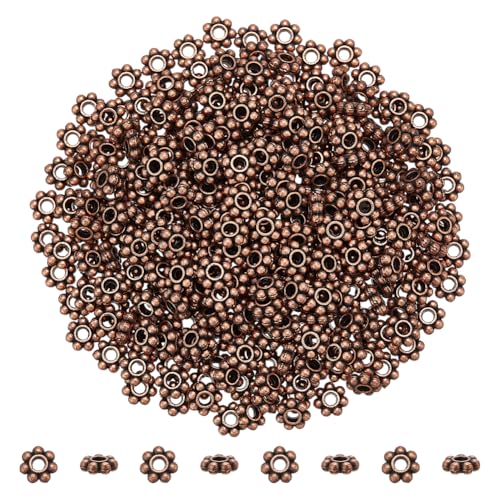 PH PandaHall 300 Stück Blumen-Abstandshalter-Perlen, Gänseblümchen, lose Perlen, tibetischer Stil, Legierung, Perlen, 6 mm, Metallperlen, rote Kupferperlen für Ohrringe, Armbänder, Halsketten, von PH PandaHall