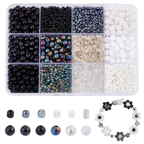 PH PandaHall 3012 Stück Schwarz Weiß Perlen Set Zur Schmuckherstellung 6mm Glasperlen Glatte Runde Perlen 3mm Rocailles Perlen Für Armband Halskette Perlenstift von PH PandaHall