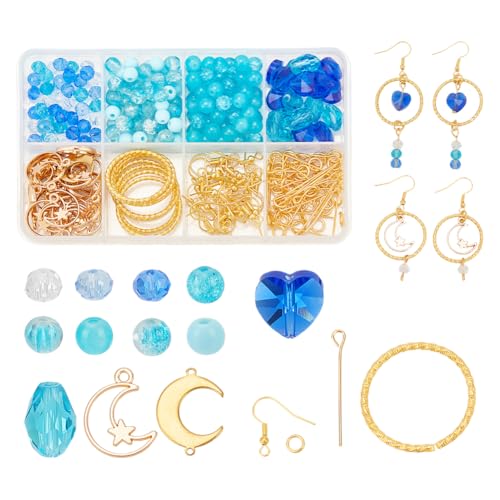 PH PandaHall 302pcs Blaue Glasperlen Ohrringe Herstellung Kits Ocean Theme Perlen baumeln Ohrringe Kit 6mm Runde Perlen Mond Stecker Charms Für DIY Schneeflocken Deko, Armband, Halskette, Ohrring von PH PandaHall