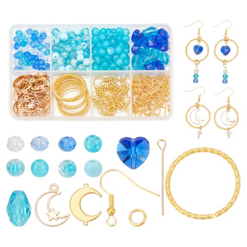 PH PandaHall 302pcs Blaue Glasperlen Ohrringe Herstellung Kits Ocean Theme Perlen baumeln Ohrringe Kit 6mm Runde Perlen Mond Stecker Charms für Schmuck Making Hawaii Ohrring Armbänder Halsketten von PH PandaHall