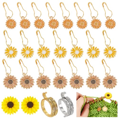 PH PandaHall 30Stück Sonnenblume Stitch Markers Kit mit 2 Stück verstellbaren Häkelringen & 2 Stück Gänseblümchen-Perlen Blume Stricken Stitch Markers Cute Stitch Hooks zum Häkeln und Stricken von PH PandaHall