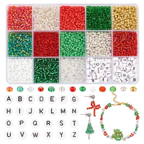 PH PandaHall 3180 Stück Rocailles 3mm Grün Rot Taille Perle Buchstaben Acryl Perlen Alphabet Perlen 8/0 Freundschaftsperlen Kleine Perle Mini Perle Für Weihnachtsarmband Perlenweben von PH PandaHall