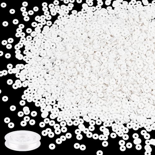 PH PandaHall 3290 Stück Weiße Heishi Tonperlen 6mm Große Flache Runde Perlen Aus Polymer Ton Mit 10.9 Yards 0.8 mm Großem Weißen Elastischen Faden Für Die Herstellung von Armbändern Und Halsketten von PH PandaHall