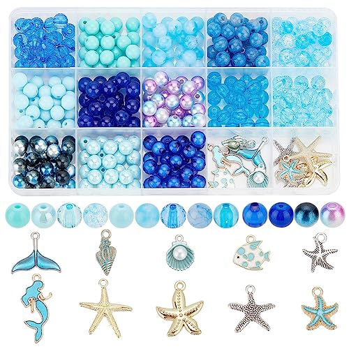 PH PandaHall 345 Stück Blaue Perlen, Ozeanperlen Charms Muschel Seestern Meerjungfrau Charms Anhänger Sommer Strand Perlen für Boho Hawaii Armbänder Halsketten Ohrringe Basteln Schmuckherstellung von PH PandaHall