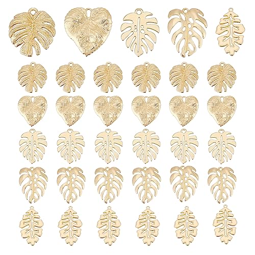 PH PandaHall 35 Stück Monstera-Blatt-Anhänger, 5 Stil Tropische Blatt Charms Metallverzierungen Hohle Blatt Anhänger aus Edelstahl für Schmuckherstellung DIY Halsketten Ohrring Dekoration, Golden von PH PandaHall