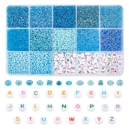 PH PandaHall 3510 Stück Blaue Rocailles 2mm Taillenperle Buchstaben Acrylperlen Alphabet Perlen 13/0 kleine Perlen Mini Perlen Für Die Herstellung von Freundschaftsbändern Sommer Perlen Am Meer von PH PandaHall