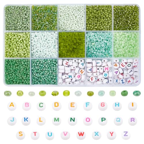 PH PandaHall 3510 Stück Grüne Rocailles 2mm Taillenperle Alphabetperlen Buchstabenperlen 13/0 Freundschaftsperlen Kleine Perlen Mini Perlen Für Freundschaftsarmbandherstellung Perlenweben von PH PandaHall