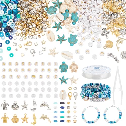 PH PandaHall 3595pcs Ozean Thema Perlen Kits Seestern-Perlen Buchstaben-Perlen Delphin Muschel Charms Schildkröte Meerjungfrau Anhänger Stern Herz Perlen 6mm Polymer Clay Perlen für Schmuckherstellung von PH PandaHall