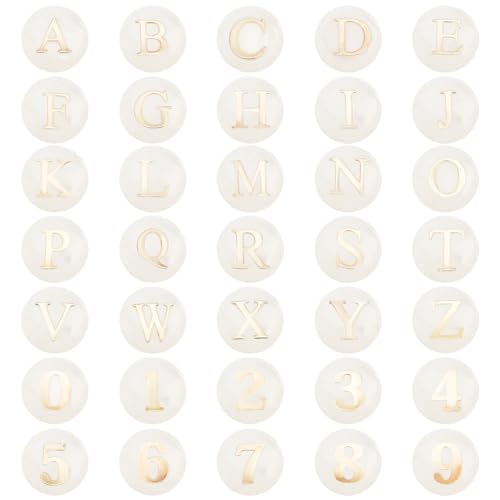 PH PandaHall 36 Stück Alphabet AZ Perlen 0~9 Zahlen Süßwasser Muschelperlen Flache Runde Perlen Mit Buchstaben Weiße Süßwassermuschel Mit Goldenen Buchstaben Für Halskette Armband Ohrringe von PH PandaHall