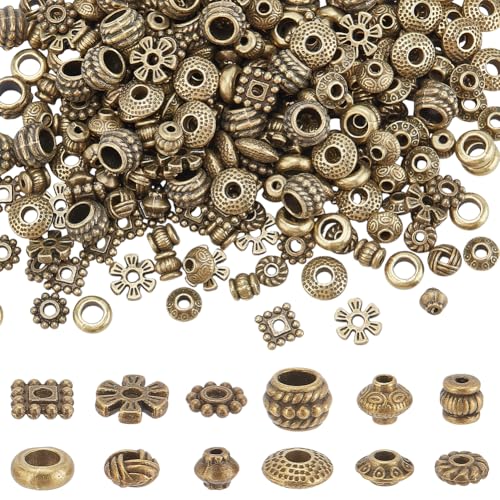 PH PandaHall 360 Stück 12 Stile Antik Bronze Spacer Perlen Flach Runde Rondelle Quadratische Perlen Doppelkegel Blume Spacer Lose Perlen Tibetische Metallperlen für Armband Halskette von PH PandaHall