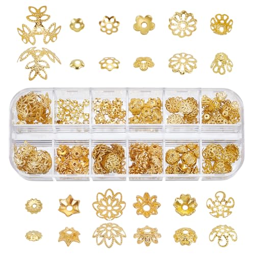 PH PandaHall 360 Stück goldene Perlenkappen, Blumenkappen, Abstandshalter, 12 Stile, hohle Blumen-Perlenkappen, massives Metall, filigrane Endkappen, Perlen für Ohrringe, Armbänder, Halsketten, von PH PandaHall