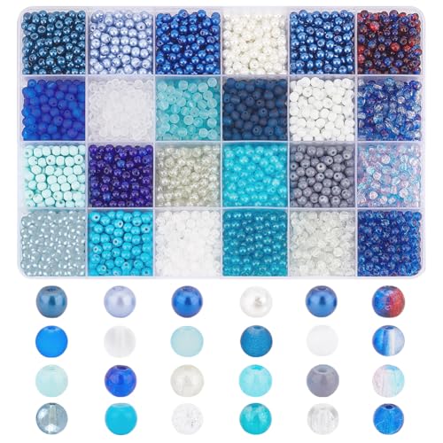 PH PandaHall 3600PCS Glasperlen Zum Auffädeln, 4mm Bastelperlen Blau Kristallperlen Runde Armbandperlen Lose Abstandshalter Perlen Für DIY Armbänder Ohrring Halskette machen 24 Farben von PH PandaHall