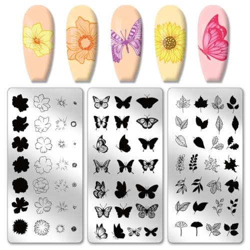 PH PandaHall 3pcs Blume Blätter Nagel-Stempel-Platten, Butterfly Nail Stamper Plant Nail Art Stencils Print Nail Stencils Edelstahl-Nagelbildplatte für Overlay Verwendung, Nagelkunst Design von PH PandaHall