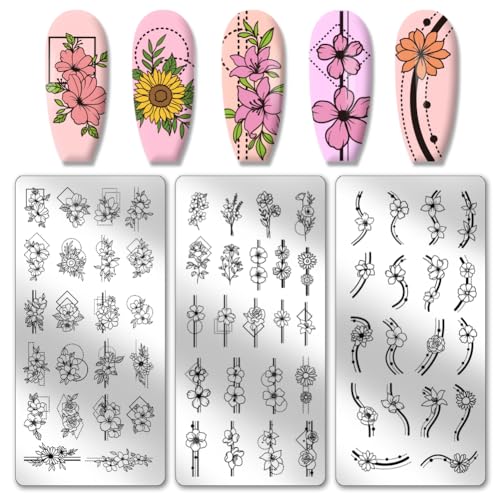 PH PandaHall 3pcs Border Blumen Nagel Stempel Platten, Geometrische Linie Blumen Nail Stamper Pflanze Nail Art Stencils Druck Nagelschablonen Edelstahl Nagel Bild Platte für Nail Art Design von PH PandaHall