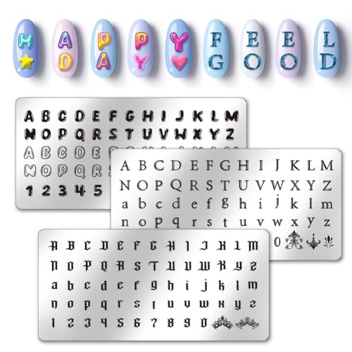 PH PandaHall 3pcs Buchstabe Zahl Nagel Stamping Plates, 3 Styles Alphabet Nail Stamper Typeface Nail Art Stencils Druck Nagelschablonen Edelstahl Nagel Bild Platte für Nail Art Design Maniküre Salon von PH PandaHall