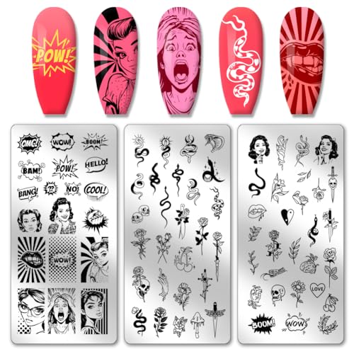 PH PandaHall 3pcs Comic Text Nagel Stamping Plates, Retro Avatar Snake Rose Skull Nail Stamper Nail Art Stencils Print Nagelschablonen Edelstahl-Nagelbild-Platten für Nail Art Design Maniküre Salon von PH PandaHall