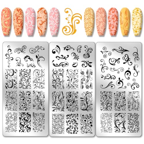 PH PandaHall 3pcs Wirbelmuster Nail Art Schablonen, French Nail Stamping Plate 52 Patterns Plant Floral Nail Art Stencils Edelstahl Stamping Platten für Nageldesign Druck Maniküre Salon Frühling von PH PandaHall