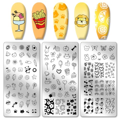 PH PandaHall 3pcs Cute Nail Stamping Plates, Cartoon Pictures Nail Stamper Dessert Ice Cream Cute Animals Nail Art Stencils Nail Image Plates aus Edelstahl für Nail Art Design Maniküre Salon von PH PandaHall