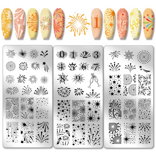 PH PandaHall 3pcs Feuerwerk Nagel Stamping Platten, Celebration Fireworks Nail Stamper Holiday Nail Art Stencils Print Nail Stencils Edelstahl-Nagelbildplatte für Nail Art Design Maniküre Salon von PH PandaHall