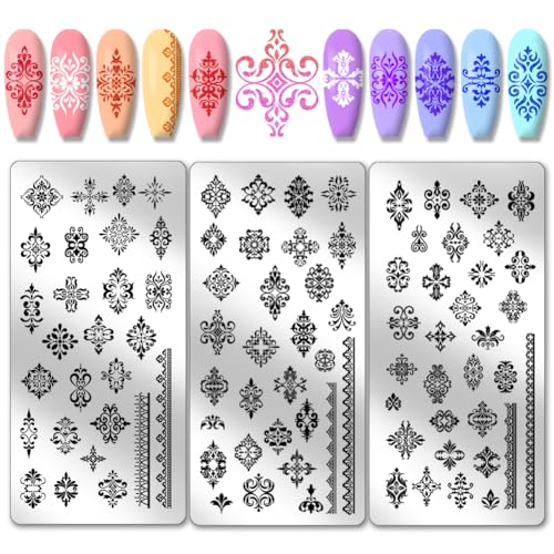 PH PandaHall 3pcs Französisch Floral Nail Plate Stamping Sets, Gemischter Blumen-Nagelstempel Schablonen Ethnic Nail Art Stencils Edelstahl Nagelbildschablonen für Nageldesign Druck Maniküre Salon von PH PandaHall