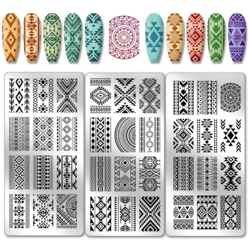 PH PandaHall 3pcs Geometrische Textur Nail Art Stamping Platte, 36 Muster Nagelstempelplatte Aztec Nail Art Stencils Edelstahl-Nagelbildplatte für DIY Druck Maniküre Salon Nageldesign von PH PandaHall